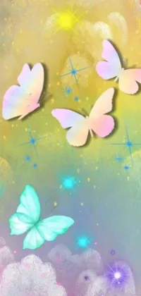 This beautiful phone wallpaper features a digital art design of flying butterflies against a blue sky