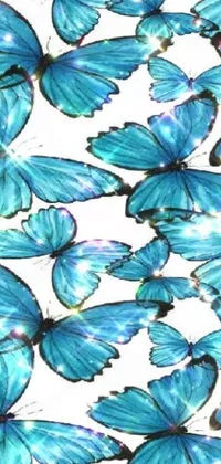 Looking for an eye-catching live wallpaper for your phone? Check out this stunning digital art piece, featuring a group of blue butterflies on a white background