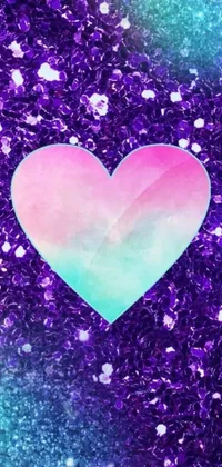This phone live wallpaper boasts a striking design featuring a pink and blue heart set against a vibrant purple glitter background