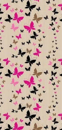 Looking for a bright and lively live wallpaper for your phone? Check out this charming design featuring a pink and black butterfly pattern set against a warm, beige background