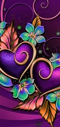 This phone live wallpaper features a stunning design with two purple hearts sitting on top of a mystical purple background