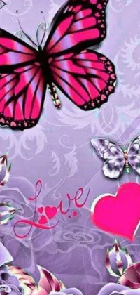 This live phone wallpaper features a pink butterfly sitting on a purple background adorned with a Lisa Frank picture