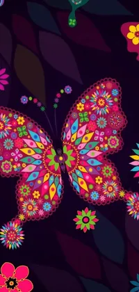 This phone live wallpaper is a colorful and vibrant display of butterflies and flowers on a sleek black background