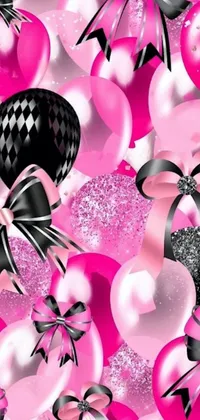 This phone wallpaper showcases a beautiful display of pink and black balloons and bows arranged in a playful and lively artwork