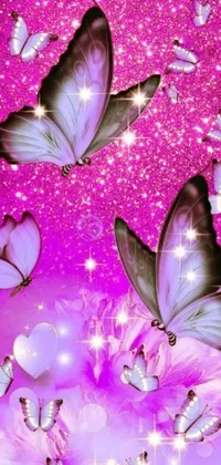 This phone live wallpaper showcases a captivating pink background with a swarm of fluttering butterflies that create a sense of liveliness and natural beauty