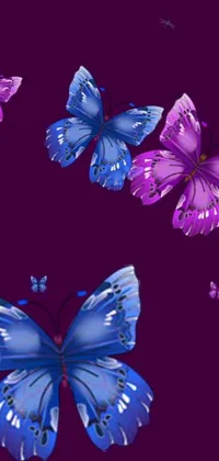 This phone live wallpaper showcases a stunning design of purple and blue butterflies on a serene purple backdrop