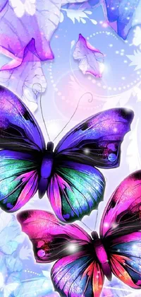 This live phone wallpaper features two butterflies - one purple and one blue - set against a vibrant blue background