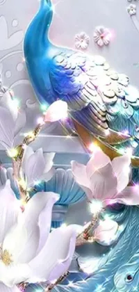 This opal-themed live phone wallpaper features a magnificent peacock perched on a bed of delicate flowers