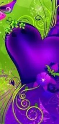 This phone wallpaper showcases a beautiful purple heart surrounded by charming purple flowers and fluttering butterflies