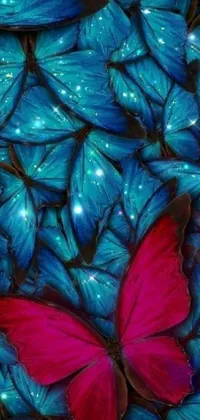 Enhance your phone screen with this mesmerizing live wallpaper featuring a digital art design of a stunning red butterfly sitting on a pile of blue butterflies