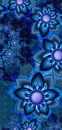 This digital wallpaper displays a striking arrangement of blue flowers set against a serene blue background