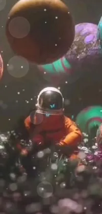 This phone live wallpaper features an astronaut in a space suit surrounded by planets in stunning detail