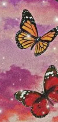 This phone live wallpaper showcases a vibrant airbrush painting of a group of flying butterflies against the sky background