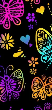 Add some vibrancy to your phone screen with this mesmerizing live wallpaper featuring an array of colorful butterflies in bioluminescent shades fluttering over a black background, perfect to use as your screen cap or wallpaper for your Android