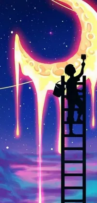 This mobile live wallpaper showcases a striking digital painting of a person painting a glowing moon on a ladder set against a colorful backdrop