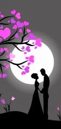 This stunning phone wallpaper features a dreamy scene of a couple lovingly kissing under a beautifully detailed tree, illuminated by the light of a full moon