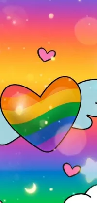 This lively phone live wallpaper features a cheerful rainbow heart with angel wings hovering in the sky