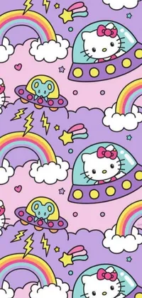 Decorate your phone screen with this exciting live wallpaper featuring a multitude of cute and colorful Hello Kitty characters, set against a vibrant backdrop of purple