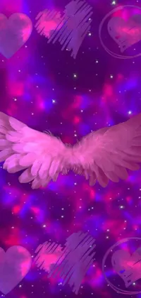 This stunning live wallpaper features a purple background adorned with hearts and angel wings in a beautiful digital art design