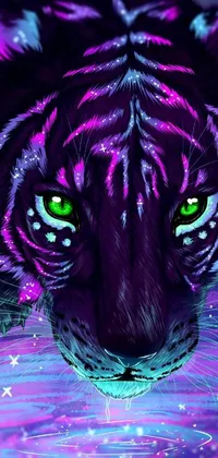 This stunning phone live wallpaper features a close-up view of a striking tiger standing on water, surrounded by digitally-created psychedelic patterns in colorful shades of purple