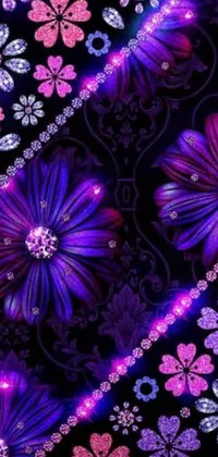 This phone live wallpaper boasts stunning purple and blue flowers on a black background