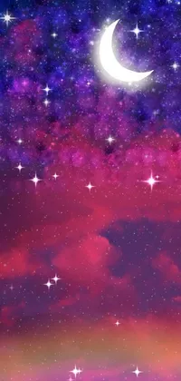 This live phone wallpaper features a stunning night sky with a glowing crescent moon and twinkling stars against a purple and red background