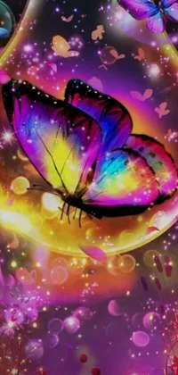 This phone live wallpaper features a vibrant digital image of a glass jar holding a vividly colored butterfly set against a magical glowing sphere