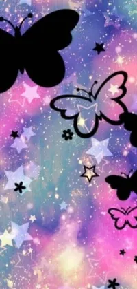 This phone live wallpaper features playful black butterflies gracefully fluttering in a starry sky filled with colorful paisley patterns