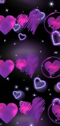 This phone live wallpaper features purple and black digital art that showcases a series of shimmering hearts set against a dark background