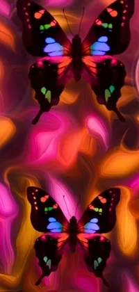 This live phone wallpaper features two butterflies on a pink flower, set against a glowing stained glass backdrop