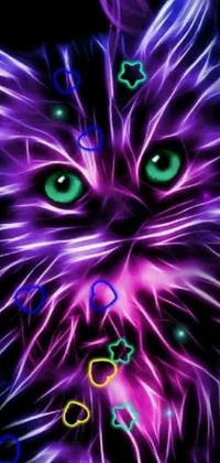 This phone live wallpaper depicts a digital art close up of a cat's face with purple lights and fireflies on a black background