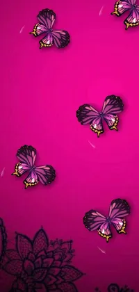 This live phone wallpaper showcases a group of purple butterflies resting on a soft pink surface