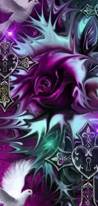 This live wallpaper boasts a stunning image of crosses and doves on a bold purple background, showcasing influences from gothic art and cyberpunk