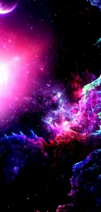 This stunning live wallpaper depicts a mesmerizing purple and blue cosmic galaxy with a crescent in the foreground