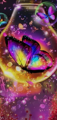 This live wallpaper displays a colorful and psychedelic glass jar with a gorgeous butterfly inside