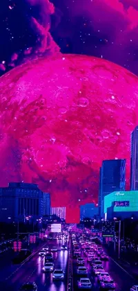 This live wallpaper brings a cyberpunk city to life with endless traffic, towering skyscrapers, and a giant red moon above