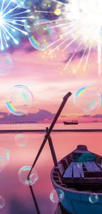 This live phone wallpaper showcases a small boat gently floating on serene waters with colorful fireworks in the backdrop