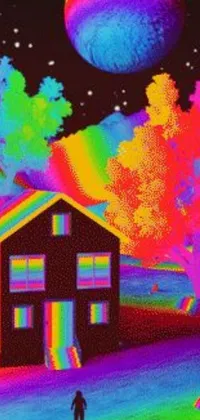 This stunning live phone wallpaper features a surreal digital painting of a colorful house surrounded by psychedelic x-ray imagery