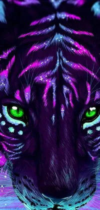 Enhance your phone's appearance with this lively live wallpaper featuring an intricate digital painting of a purple tiger with green eyes