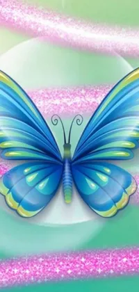 A gorgeous live wallpaper featuring a blue butterfly perched on a transparent bubble amidst a background with gradient colors of turquoise, pink, and green