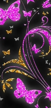 This live phone wallpaper features a digital rendering of a purple and gold butterfly pattern on a black background
