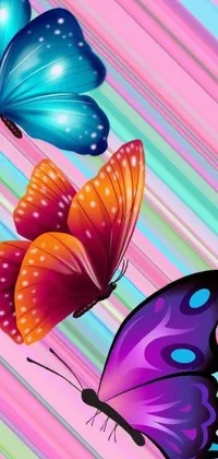 This lively phone Live wallpaper showcases a dynamic design featuring three colorful butterflies set against a striped background