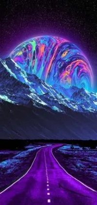 Transform your phone into a stunning surreal landscape with this mesmerizing live wallpaper! The backdrop features a winding road set against a towering mountain range and is surrounded by a vibrant cosmic art environment in vivid shades of purple and blue