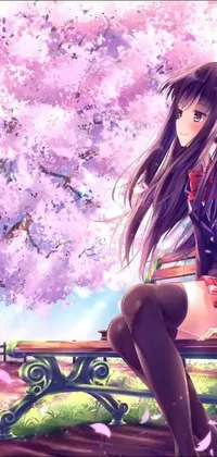 This stunning live wallpaper features a beautiful anime drawing of a high school girl sitting on a park bench