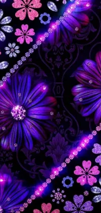 This digital art live wallpaper features purple and blue flowers set against a black background