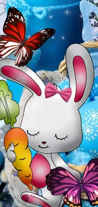 This live wallpaper for phones features a cute rabbit holding a carrot and a butterfly against a blue background