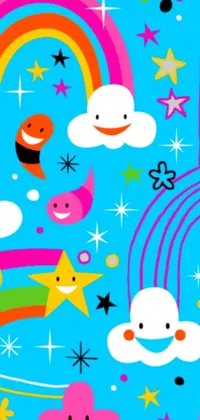 This lively phone live wallpaper has a colorful group of cartoon characters on a vivid blue background