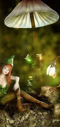 This stunning phone live wallpaper features a mystical forest with a fairy woman sitting atop a tree stump next to a mushroom