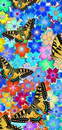 This phone live wallpaper features a digital rendering of colorful butterflies that flap their wings in a whimsical garden of vibrant flowers