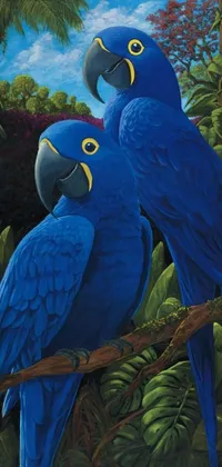 This phone live wallpaper features a stunning brilliant blue painting of two parrots sitting on a branch